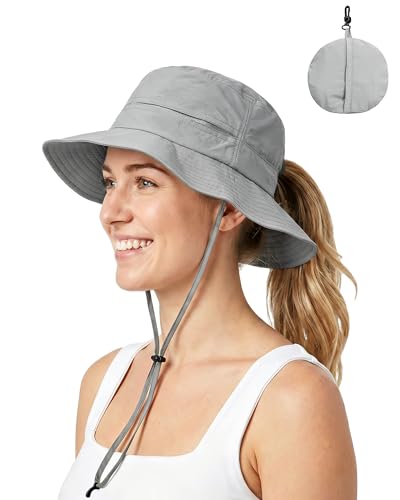 Womens Ponytail Sun Hat Packable UPF50+ Waterproof Bucket Hat Hiking Fishing Safari Hat Foldable Beach Hat - color: Light Grey