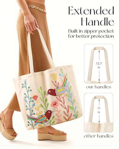 Miss Adola Embroidery Tote Bag with Pocket & Buckle - Reusable Canvas Tote for Women Cute Aesthetic Work Shopping Grocery Bag - style: Bird
