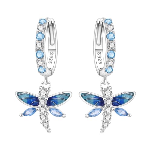 925 Sterling Silver Dangle Earrings for Women, Butterfly&Bee Animals Design, Hypoallergenic Jewelry gifts - color: Colorful Dragonfly Earrings - Blue