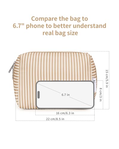 Narwey Striped Makeup Bag Travel Cosmetic Bag Organizer Toiletry Bag Make Up Bags with Compartments for Women Girls (Large,Brown Stripe) - color: A-Brown Stripe, style: Large