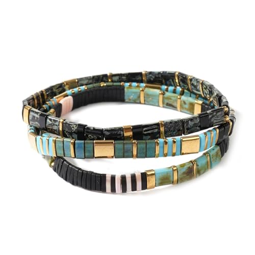 Tila Flat Square Stack Beaded Bracelets Set for Women Men, Boho 3Pcs Romantic Handmade Healing Gold Colorful Stretch Accessories Jewelry, Daily Vacation Party Holiday Friendship Gift - color: Green Black