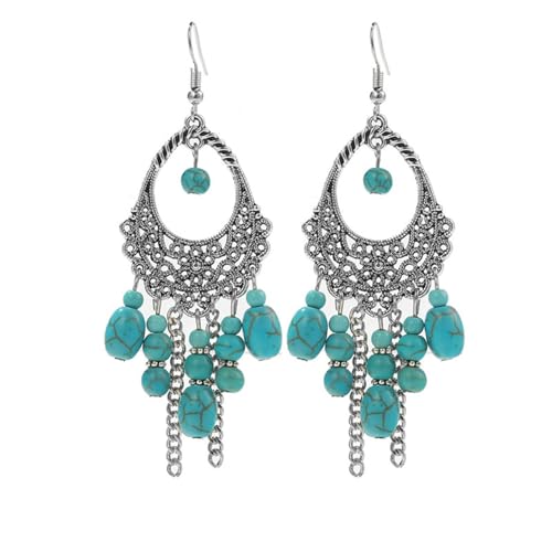 coadipress Bohemian Turquoise Beaded Tassel Earring for Women Ethnic Chandelier Boho Beads Earrings Hollow Out Turquoises Beaded Statement Earrings Ethnic Style Jewelry Gifts - color: Turquoise Tassel