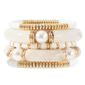 GOOJIDS Simple Beaded Gold Plated Bangles Bracelet Chunky Bamboo Tube Curved Stacking Clear Acrylic Colorful Beads Stretchable Gold Plated Bracelets Set For Women - color: A-A1 Ivory Set