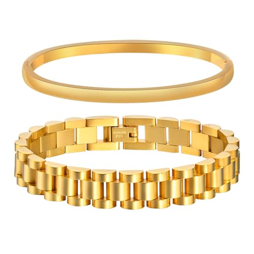 MPRAINBOW 2pcs 18K Gold Plated Chain Link Bracelet, Stainless Steel Crystal Friendship Bracelets Bangle,Watch Band Chains Wristband Jewelry with Adjust Tool - color: Gold Set - J