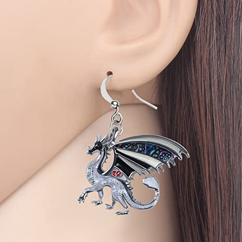 Enamel Alloy Dinosaur Fantasy Dragon Earrings Drop Dangle Unique Animal Jewelry For Women Dragons Gifts - color: Charcoal