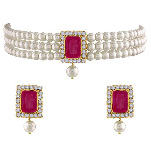 Aheli Ethnic Choker Necklace Earrings Wedding Bollywood Party Jewelry Set Gift for Women - color: Rani Pink 1