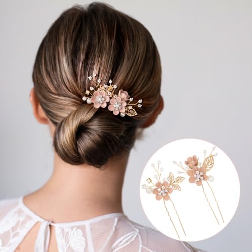 HINZIC 4pcs Flower Tassels Hairpin for Women, Crystal Pearl Hair Comb, Pink | Non-Slip, 4 Styles, Alloy Made, Adorned with Rhinestones and Pearl, for Wedding, Brides, Parties, for Long Hair - color: Pink-4pcs