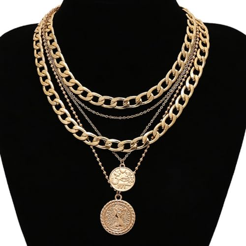 Gold Stack Necklace Chunky Necklaces for Women Trendy Coin Pendant Long Necklaces Western Jewelry for Women Cowgirl Cowboy Chic Country Outfit Boho Accessories Birthday Jewelry Gifts - color: F Gold Layered Chunky Necklaces