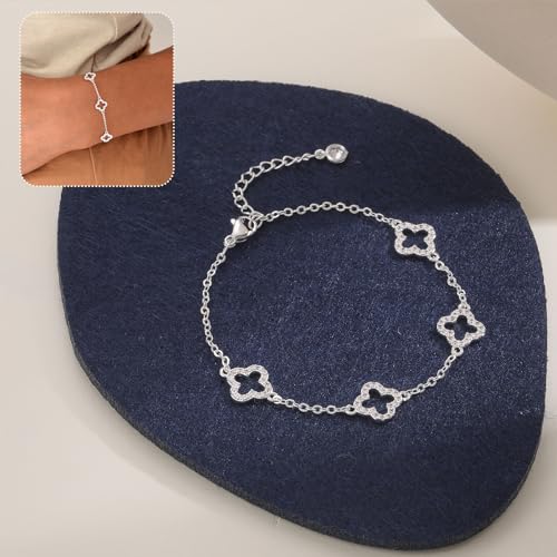 Dainty Silver Gold Bracelets for Women Trendy Non Tarnish 14K Gold Plated Cute Clover Bracelet Stackable Daisy Cubic Zirconia Diamond Charm Bracelet Stack Waterproof Jewelry Gifts - color: B- CZ Clover Bracelet- Silver
