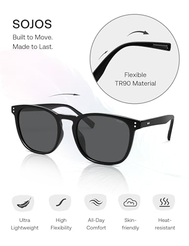 SOJOS Unisex Rounded Square Polarized Sunglasses TR90 Frame UV400 Protection Lightweight Retro for Women & Men - color: Black/Grey