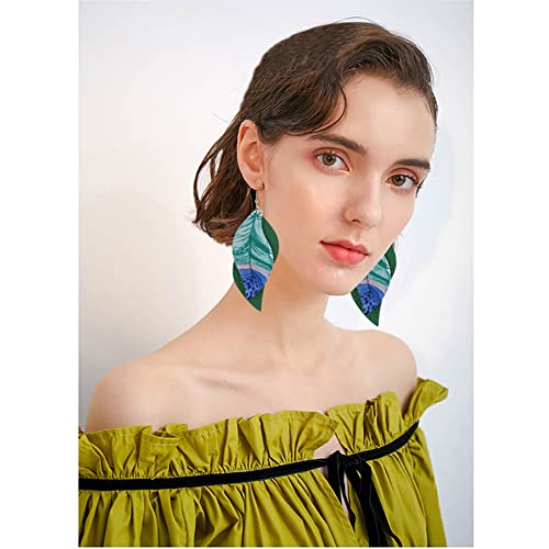 ANXIN boho unique Leather Earrings 2 Layered Lightweight Faux Leather Leaf Earrings Layered Design Drop Earrings Gift for Women - color: GREEN Faux Leather Leaf Earrings