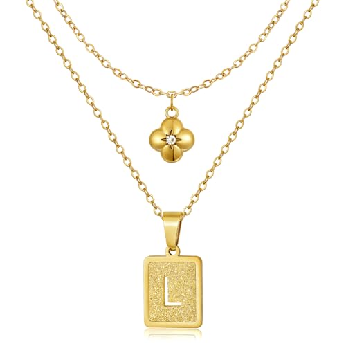 KELORIS PATH Layered Initial Necklaces for Women, 18K Gold Plated Stainless Steel Necklaces Set with Dainty Four Leaf Clover Square Cutout Letter Pendant, Fashion Jewelry for Gifts - style: L Letter