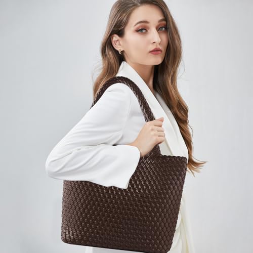 Hand Woven Bag Tote BagS For Women Top Handle Shoulder Vegan Leather Large Travel Beach Hobo Handbag - color: Coffee