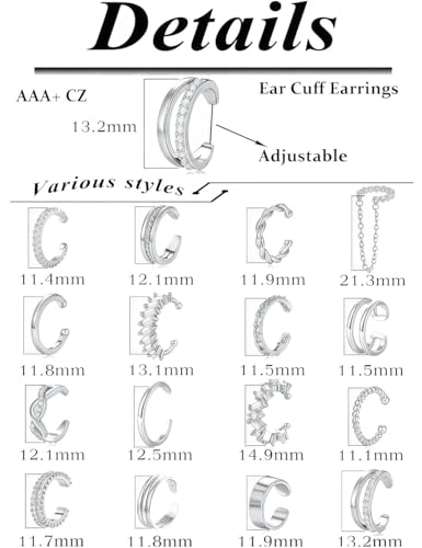 Tornito 16Pcs Ear Cuff Earrings for Women Non Piercing Ear Cuffs Cubic Zirconia Ears Clip on Earring Cartilage Helix Wrap Fake Earrings Jewelry Adjustable Gold Silver Plated - color: Silver