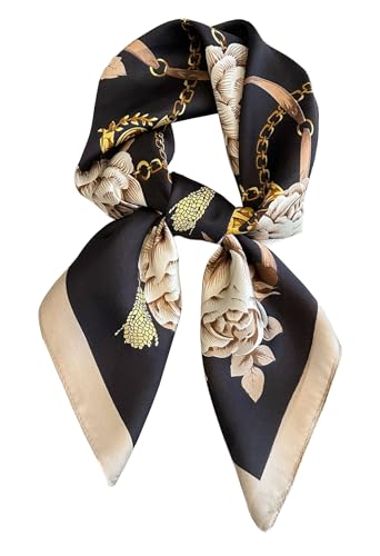 CHUNG Women's Scarf Hair Bandanas Square 27.5" Satin Wrap Fashion Pattern Scarves Emulation Silk Handbag Ribbons Necktie - color: Black Flower-30#