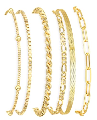 Dearmay Gold Bracelets for Women Waterproof, 14K Gold Plated Minimalist Bracelets Stack Non Tarnish Trendy Dainty Herringbone Vintage Cuban Paperclip Rope Thin Box Link Chain Stackable Jewelry Sets Modern Fashion Accessories Gifts for Womens - style: 6Pcs
