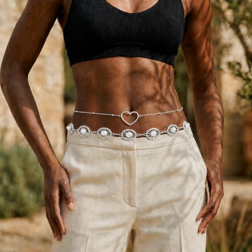 Florideco Waist Chain Belt for Women, Layered Belly Chain, Waterproof Boho Pearl Concho Cuban Body Chain, Adjustable Summer Beach Coachella Fashion Jewelry for Jeans Dresses - style: Silver Plated-Concho Chain