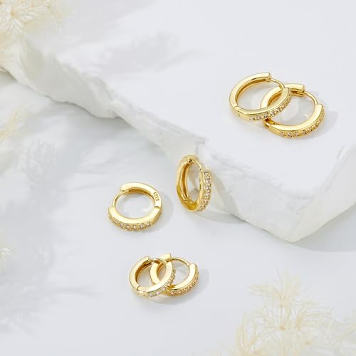 Poxtex Small Sterling Silver Huggie Hoop Earrings Set for Women, Hypoallergenic 14K Gold Plated Hoops Stacks for Multiple Piercings, Dainty Cute Mini Lightweight Cartilage Studs Trendy Jewelry Gift - color: Gold-cz hoops 8 10 12