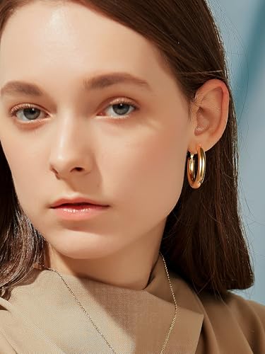 Stainless Steel Chunky Hoop Earrings For Women, Minimalist and Chic, Black/Gold Plated, Round Hoops Earrings Hypoallergenic, Size: 30mm/40mm/60mm/80mm, Come with Box - color: 1. Gold, size: 30MM
