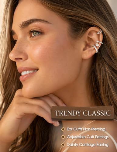 LOLIAS 4 Pairs Ear Cuffs Non Piercing - 14K Gold Plated Ear Cuff Earrings for Women Ear Cuff for Non Pierced Ears Clip on Cartilage Earring Adjustable Fake Earrings Set - style: Stars -White Gold Plated