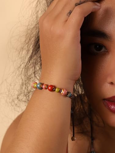 MINACHI Bohemian Colorful Ceramic Bead Adjustable Leather Bracelet, Boho Hippie Summer Jewelry Gift for Women - color: S03