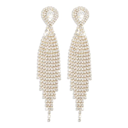 Rhinestone Tassel Earrings Sparkly Long Fringe Crystal Chandelier Dangle Drop Earrings Wedding Party Prom Earrings Premium Iridescent Earrings Wedding Party Jewelry Gifts for Women - color: Gold2