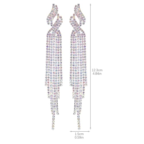 Rhinestone Tassel Earrings Sparkly Long Fringe Crystal Chandelier Dangle Drop Earrings Wedding Party Prom Earrings Premium Iridescent Earrings Wedding Party Jewelry Gifts for Women - color: Silver3