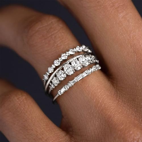 TOBENY Stackable Gold Rings for Women Non Tarnish Dainty 14K Gold Plated Stacking Cubic Zirconia Thumb Ring Set Trendy Statement Promise Wedding Bands Engagement Rings for Women Size 6 7 8 9 10 - color: 02-4Pcs Silver Stacking Rings