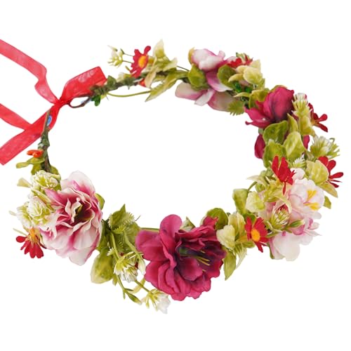 Red Rose Flower Headband, Adjustable Boho Bridal Floral Crown Headpiece, Fairy Forest Flower Crown for Women Girls Renaissance Birthday Bride Wedding Festivals Party Hair Accessories - color: Rose Daisy Red