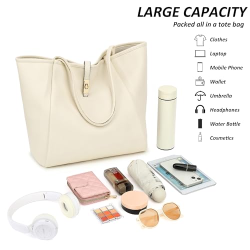 TANTOMI Tote Bag for Women Vegan Leather Purses and Handbags Ladies Waterproof Big Shoulder Bag for Travel - color: A-cream White