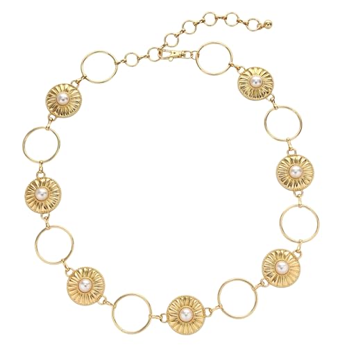 Women's Concho Chain Belt – Adjustable Western Waist Belt for Cowgirl, Festival & Boho Outfits - color: Gold With Faux Pearl, size: Large-X-Large