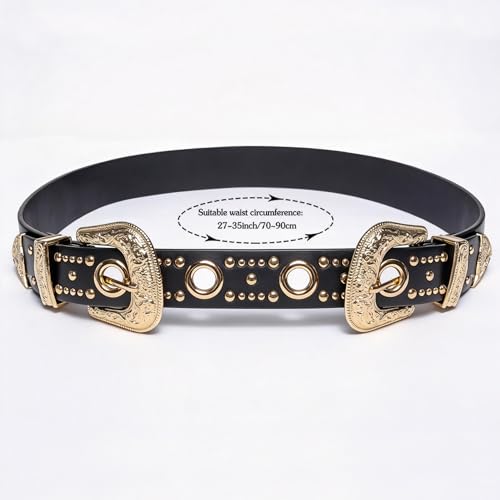 Dubulle Womens Belt Chain Leather Belts Vintage Western Adjustable Elastic Double Buckle for Cowboy Pant Dress - color: Gold Black