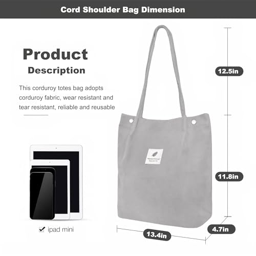 Corduroy Tote Bag for Women Small Canvas Shoulder Purse Cord Handy Bag with Inner Pocket | with Front Pocket - color: 02 Light Gray