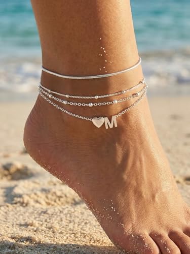 Silvora Ankle Bracelets for Women Waterproof 14K Gold/Silver/Black Initial Anklet for Women Dainty Layered Heart Ankle Bracelets Stainless Steel Adjustable Foot Chain Anklet Summer Beach Jewelry - color: M-Silver