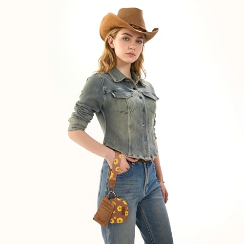 Wrangler KeyChain Wristlet Wallets for Women Sunflower Floral Dual Pouch Wristlet Western Credit Card Holder Wallet with Zipper Pocket - color: Sunflower Khaki