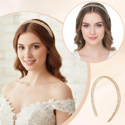 Crystal Rhinestone Headbands for Women Girls, Fashion Sparkly Beaded Hair Hoop Fancy Dressy Headbands Hair Accessories Bling Padded Hairs Bands for Women Girls(Champagne)