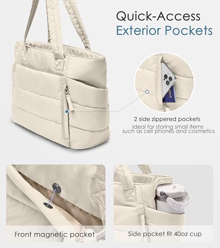 Tote Bag for Women with Zipper, Quilted Puffer Tote Bag with Compartments, Lightweight Puffy Work Bags for Women Travel - color: Beige