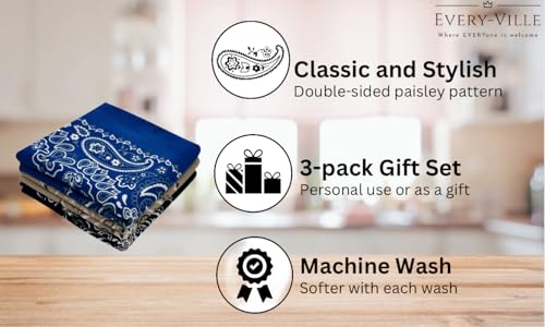 Classic Paisley Bandanas - 3 Pack Gift Set, 100% Cotton, 22x22 Inches - color: Black Blue Tan