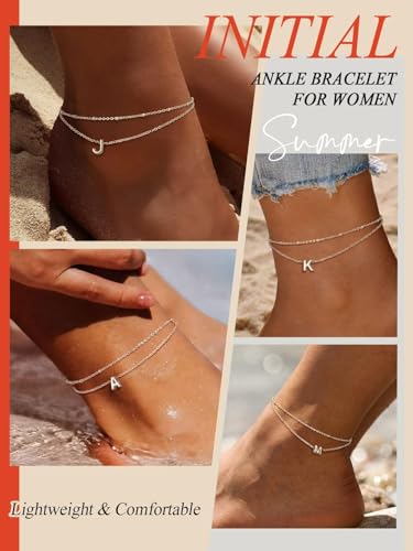 FaithHeart Initial Ankle Bracelets for Women, Waterproof 14k Gold Plated Initial Anklets Non Tarnish Stainless Steel Cute Layered Anklet Summer Beach Jewelry - color: Silver, size: Initial B