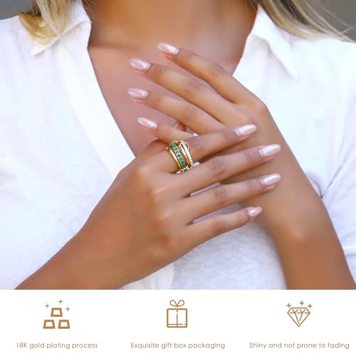 Gold Stackable Rings for Women,18K Gold Plated with Green Cubic Zirconia,Vintage Gold Stacked Multi Ring Interlocking Mixed Stacked Rings for Women Non Tarnish - color: Gold Green 4 Set