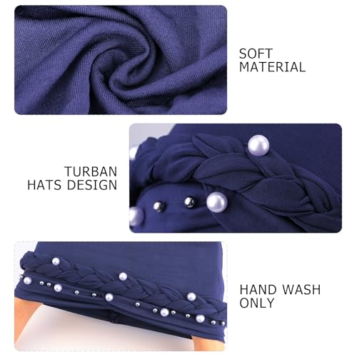 African Women Turban Caps Pre-Tied Twisted Turbans Head Scarf for Women Hair Wraps Cover Beanie Cancer Chemo Headwear - color: 1 Pack Twisted Braid: Pearls Navy Blue