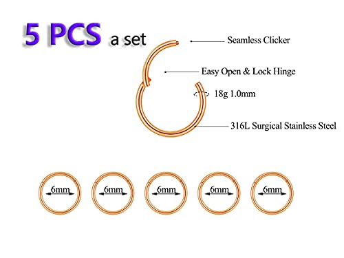 5Pcs 16G 18G Surgical Steel Nose Rings Hoop Tragus Septum Cartilage Hoop Earrings For Women Men Body Piercing Jewelry Kit Bar Length 6mm/8mm/10mm/12mm/14mm - style: 5Pcs -18G - Rose Gold - 6mm