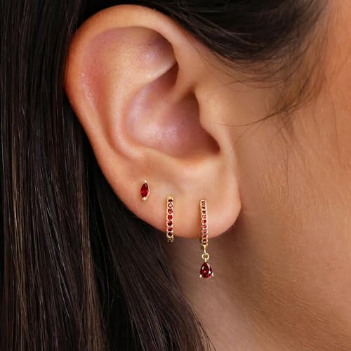 14K Gold Plated Small Huggie Hoop Earrings Set for Women, Hypoallergenic Dainty Sterling Silver Dangle Studs for Cartilage Helix, Lightweight Trendy Cute Stack Birthstone Jewelry Gift - color: 01_Garnet_Jan_Gold
