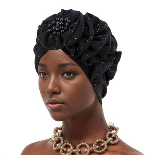 Erinaco Women Sparkle Sequin African Turban Bow Knot Pre-Tied Cap Pleated Ruffle Bonnet Beanie Hat Headwrap Skull Caps - color: Beaded Black