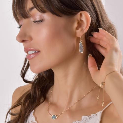 Teardrop Dangle Earrings for Women with Simulated Druzy Stones, in Gold or Rose Gold Tone - color: Gold - Light Blue Stone