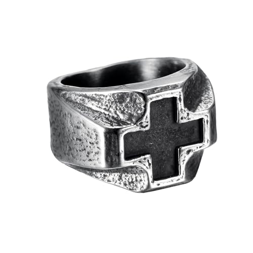 Retro Stainless Steel Mens Cross Ring, Bold Black Design, Durable Handcrafted Jewelry Gift