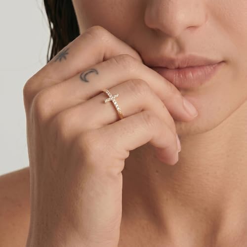 Cross Ring 14K Gold Plated 925 Silver with CZ, Stackable Rings - color: Cross 14K Gold, size: 7