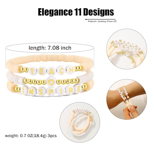 Elegance 11 designs Heishi Beaded Bracelets For Women Polymer Clay Colorful Surfer Stackable Beads Boho Bracelet Summer Beach Jewelry - color: Teacher-Pink
