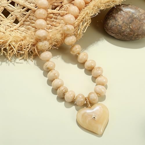 Elegance 11 designs Chunky Heart Necklace for Women, Colorful Acrylic Beaded Statement Puff Heart Necklace, Cute Boho Y2K Choker Necklace for Gift Jewelry - color: Beige