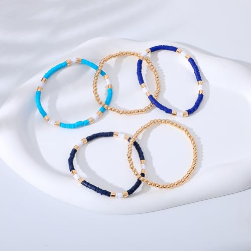 GOOJIDS Surfer Heishi Clay Bead Bracelets for Women Bohemian Stackable Gold Plated Beaded Stretch Bracelets Elastic Layering Friendship Bracelets Set Boho Jewelry - color: B-Blue Surfer Color & Gold Bead